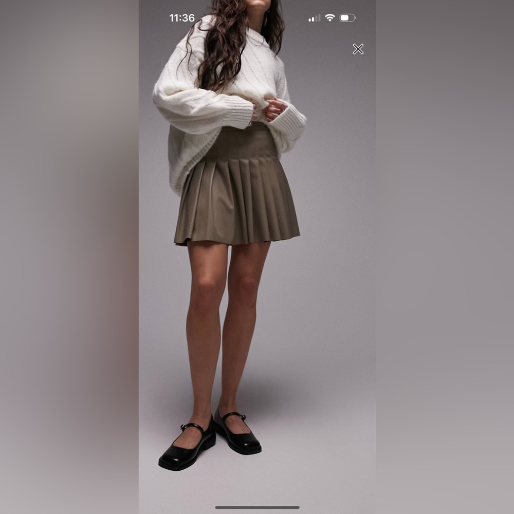 Topshop leather look pleated skirt in fawn